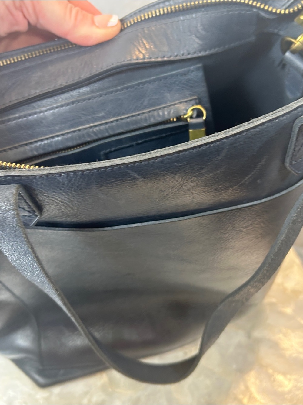 Madewell Deep Teal Leather Tote with Striped Canvas Strap - Picture 10 of 11